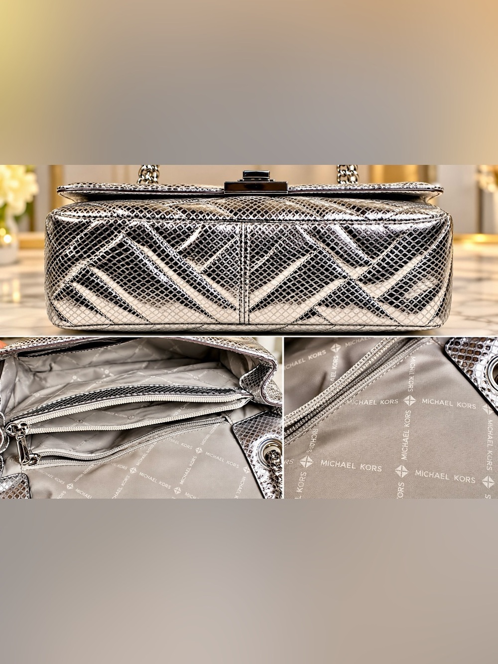 Michael Kors Metallic Silver Snake Embossed Quilted Shoulder Crossbody Bag - Picture 7 of 14